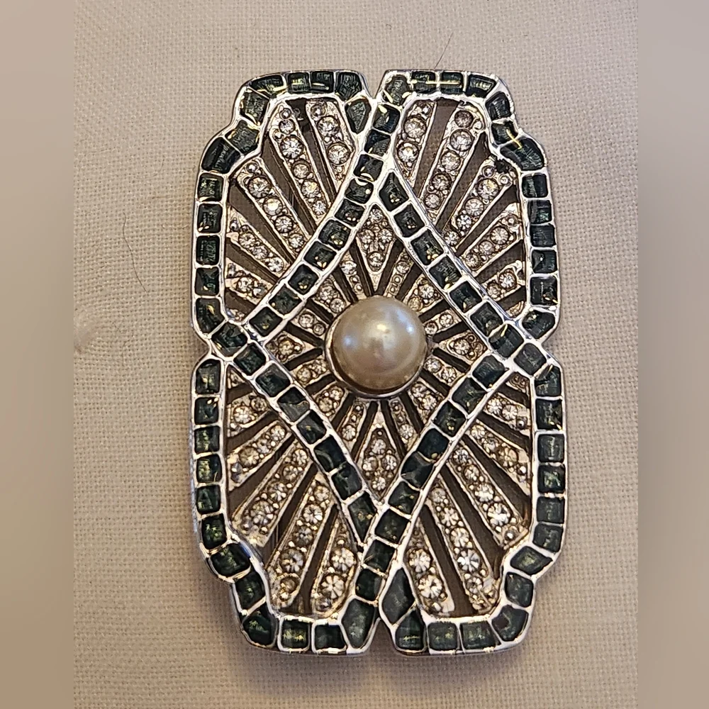 Art Deco 89 Vintage Brooch Pin Geometric Green Rhinestone Faux Pearl EUC Costume